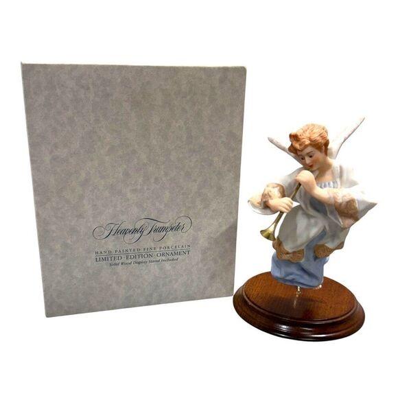 Heavenly Trumpeter Hand-Painted Porcelain Limited Ed Ornament Wood Display Stand - Picture 1 of 6